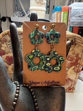 Hand Crafted polymer clay Green & Blue Floral Hoop Earrings